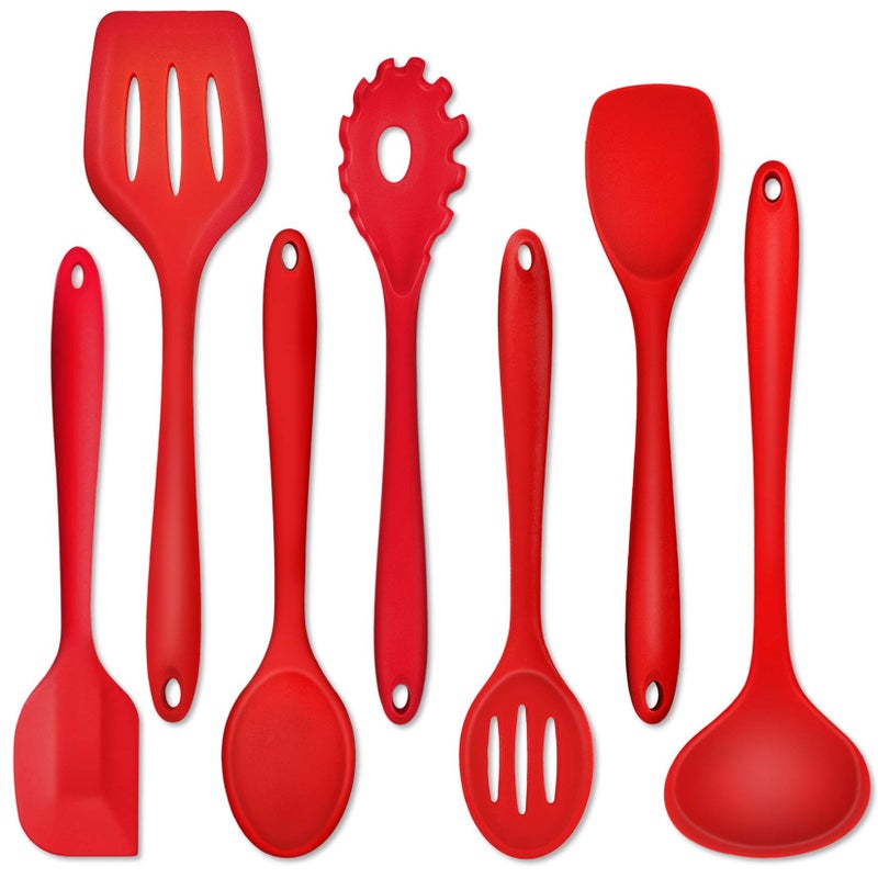 P&P CHEF Silicone Cooking Utensils Set of 7, Heat-proof Kitchen Utensils Set for Nonstick Cookware, Non-stick Spatula, Slotted Turner, Soup Ladle, Pasta Server, Spoon for Cooking Serving - Red - Image 1